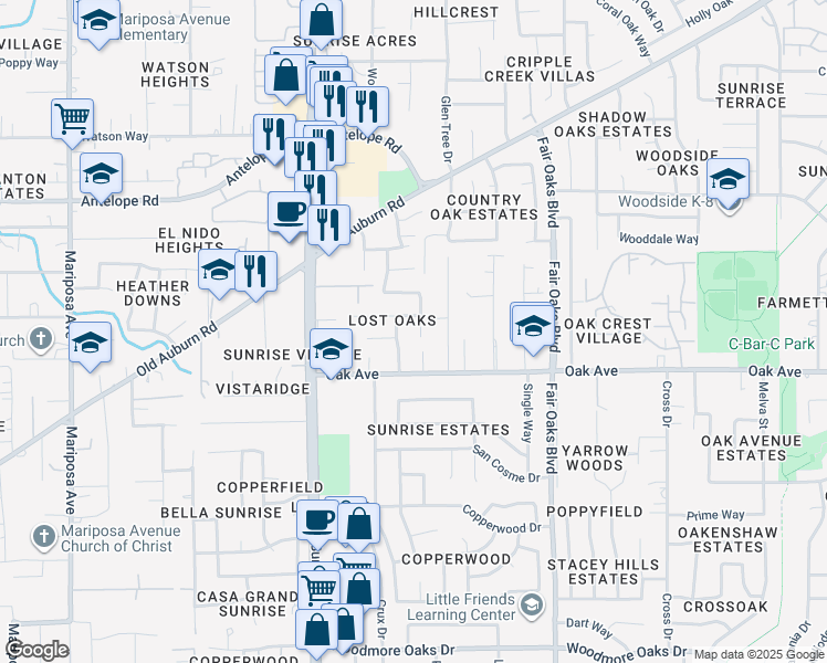 map of restaurants, bars, coffee shops, grocery stores, and more near 7433 Bree Ann Court in Citrus Heights
