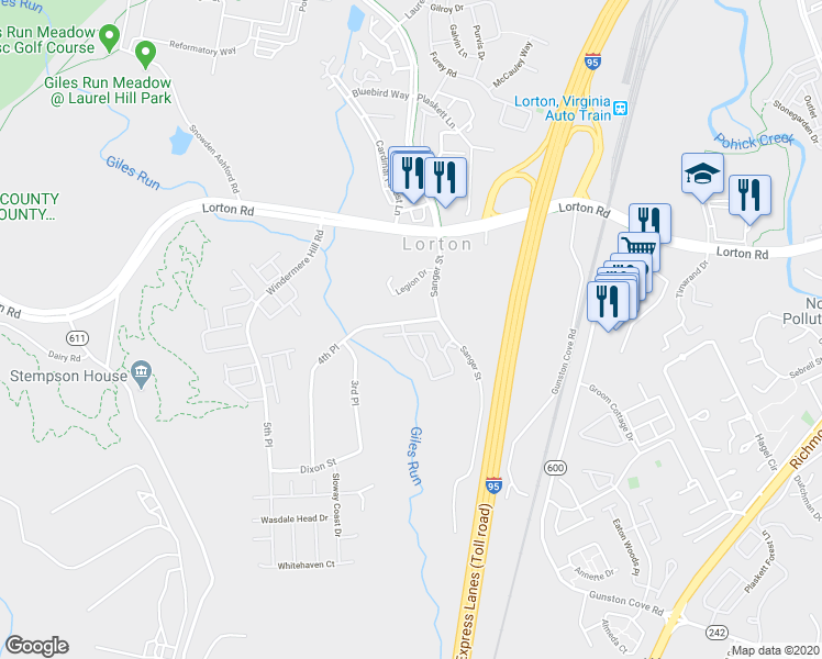 map of restaurants, bars, coffee shops, grocery stores, and more near 8222 Gunston Commons Way in Lorton