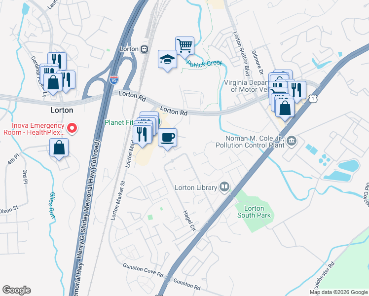 map of restaurants, bars, coffee shops, grocery stores, and more near 9504 Mooregate Court in Lorton
