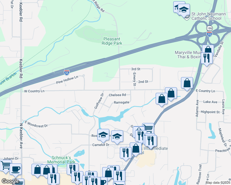 map of restaurants, bars, coffee shops, grocery stores, and more near 29 Chelsea Road in Collinsville