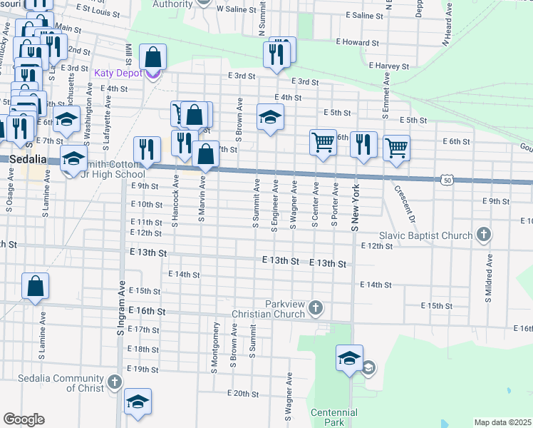 map of restaurants, bars, coffee shops, grocery stores, and more near 1102 East 10th Street in Sedalia