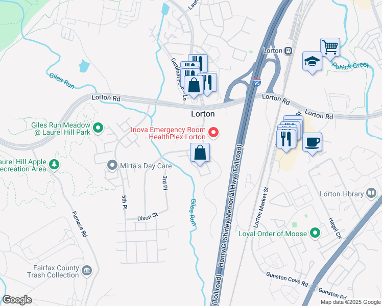 map of restaurants, bars, coffee shops, grocery stores, and more near 8222 Gunston Commons Way in Lorton