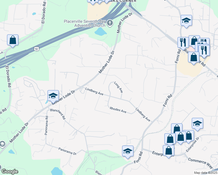 map of restaurants, bars, coffee shops, grocery stores, and more near 6671 Long Avenue in Placerville