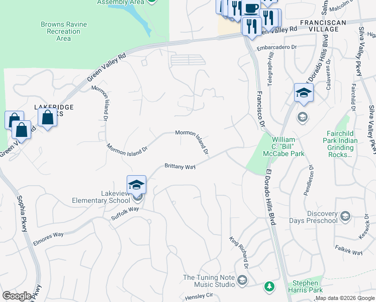 map of restaurants, bars, coffee shops, grocery stores, and more near 3121 Lady Marci Court in El Dorado Hills