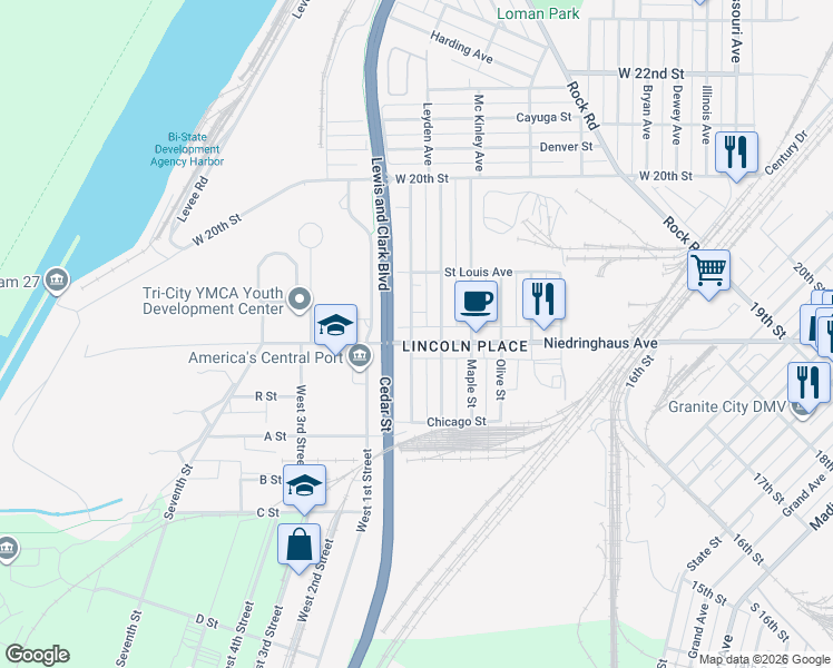 map of restaurants, bars, coffee shops, grocery stores, and more near 705 Niedringhaus Avenue in Granite City