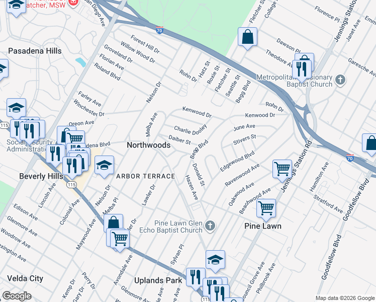 map of restaurants, bars, coffee shops, grocery stores, and more near 6712 Donald Street in St. Louis
