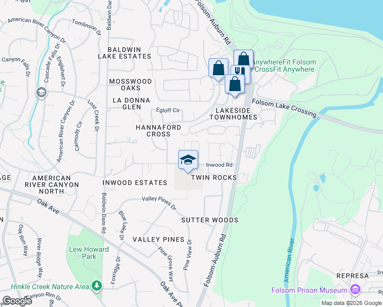 map of restaurants, bars, coffee shops, grocery stores, and more near 13 Cedar Circle in Folsom