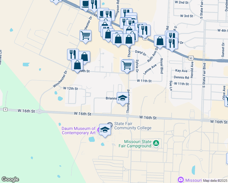 map of restaurants, bars, coffee shops, grocery stores, and more near 1500 Thompson Boulevard in Sedalia