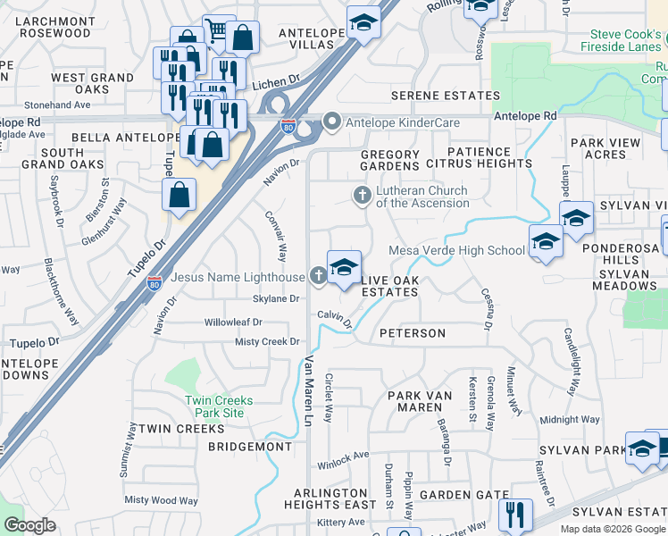 map of restaurants, bars, coffee shops, grocery stores, and more near 7419 Garden Gate Drive in Citrus Heights