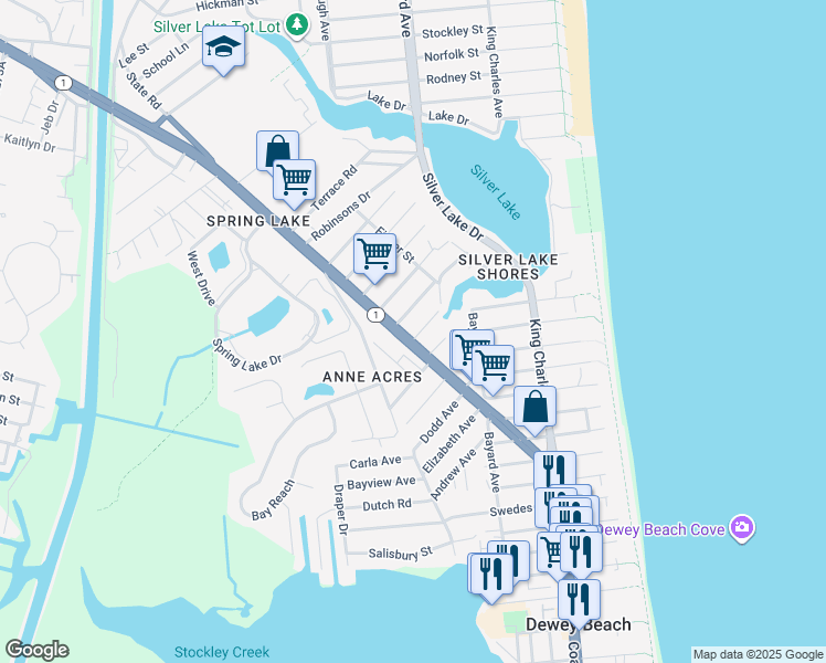 map of restaurants, bars, coffee shops, grocery stores, and more near 38399 George Street in Rehoboth Beach