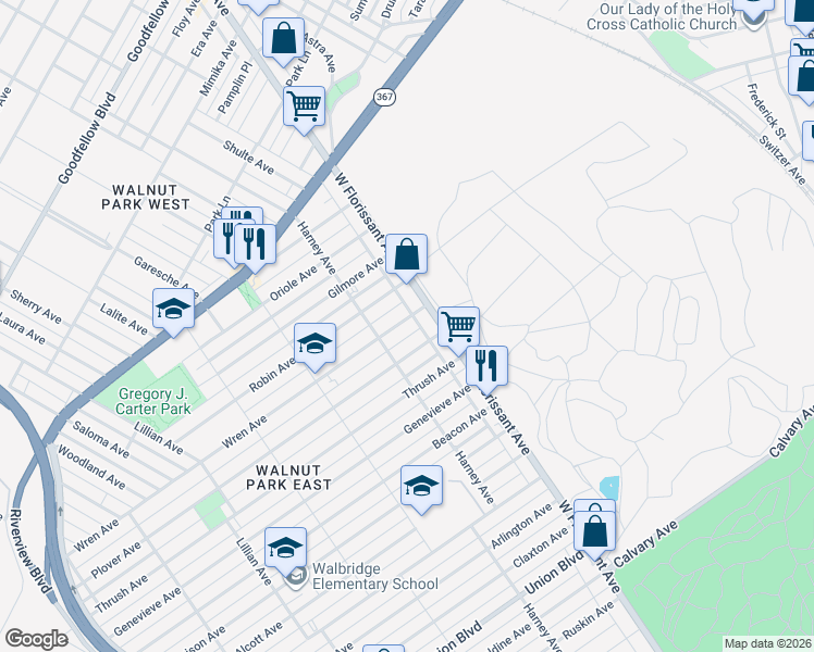 map of restaurants, bars, coffee shops, grocery stores, and more near 5530 Wren Avenue in St. Louis