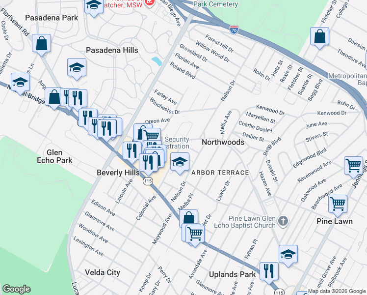 map of restaurants, bars, coffee shops, grocery stores, and more near 6918 Ira Avenue in St. Louis