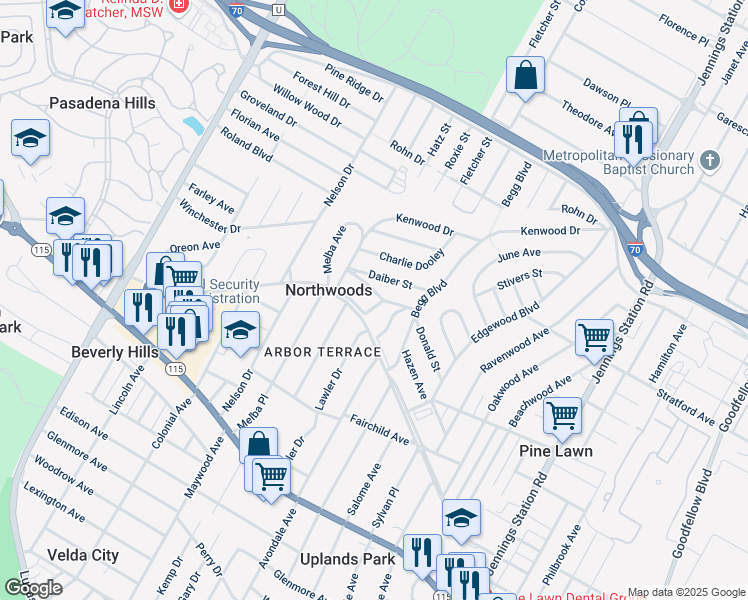map of restaurants, bars, coffee shops, grocery stores, and more near 6712 Donald Street in St. Louis