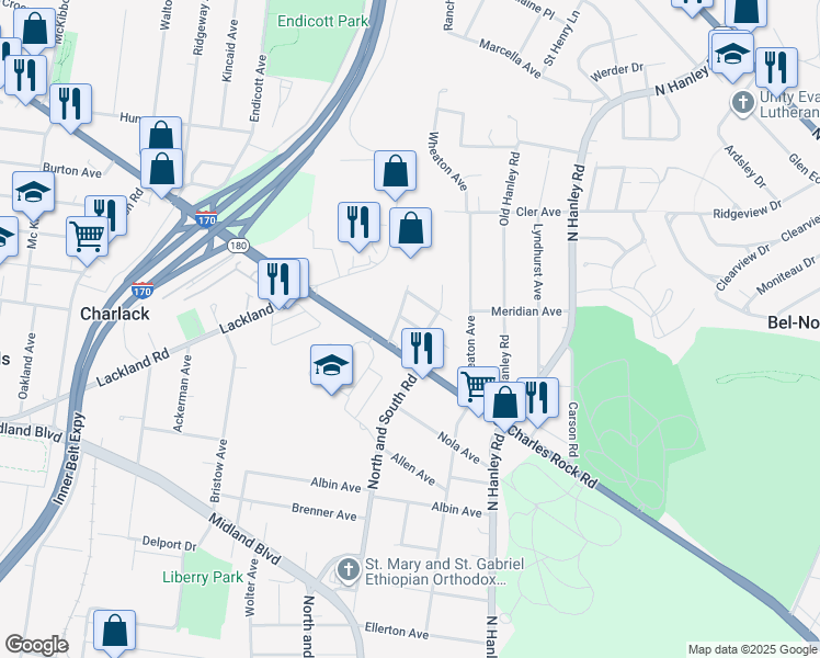 map of restaurants, bars, coffee shops, grocery stores, and more near 8200 Toddy Avenue in St. Louis
