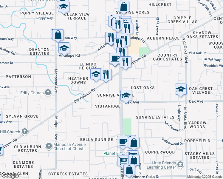 map of restaurants, bars, coffee shops, grocery stores, and more near 7451 Tiara Way in Citrus Heights