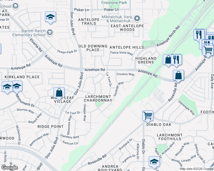 map of restaurants, bars, coffee shops, grocery stores, and more near 5215 Airons Court in Sacramento