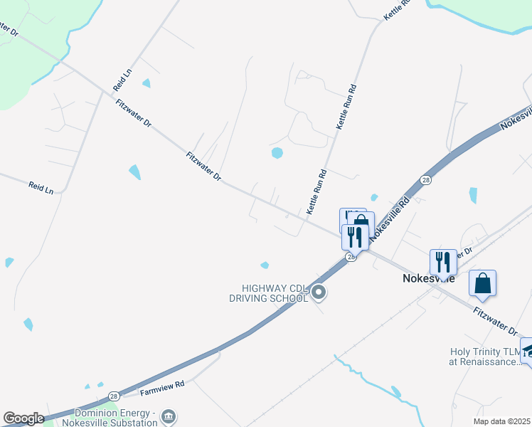 map of restaurants, bars, coffee shops, grocery stores, and more near 13215 Fitzwater Drive in Nokesville