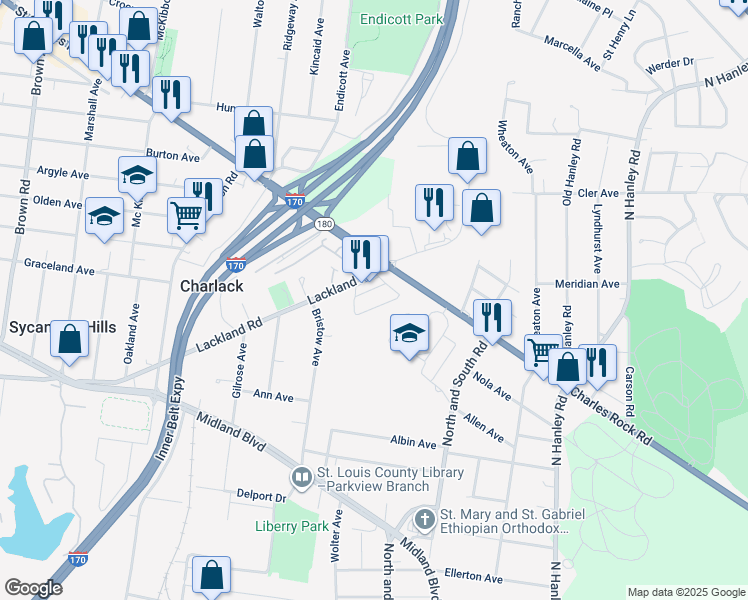 map of restaurants, bars, coffee shops, grocery stores, and more near 8432 Plaza Rock Court in St. Louis