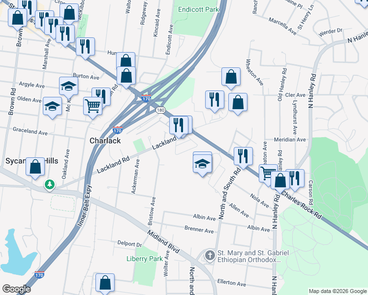 map of restaurants, bars, coffee shops, grocery stores, and more near 8432 Plaza Rock Court in St. Louis