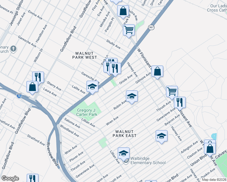 map of restaurants, bars, coffee shops, grocery stores, and more near 5265 Gilmore Avenue in St. Louis