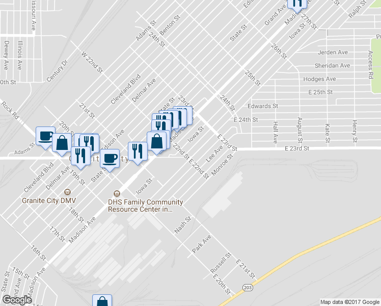 map of restaurants, bars, coffee shops, grocery stores, and more near 2209 Washington Avenue in Granite City