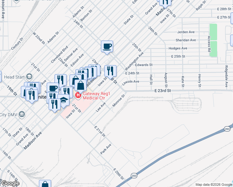 map of restaurants, bars, coffee shops, grocery stores, and more near 2257 Monroe Street in Granite City