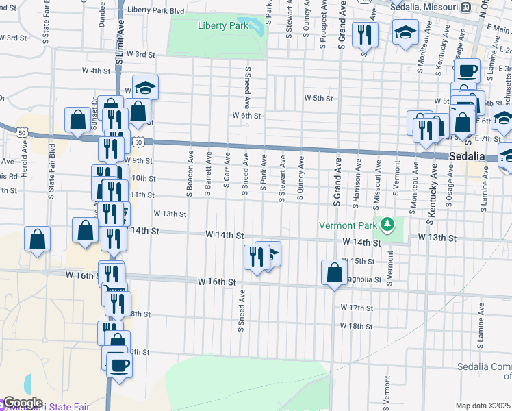 map of restaurants, bars, coffee shops, grocery stores, and more near 1202 South Park Avenue in Sedalia