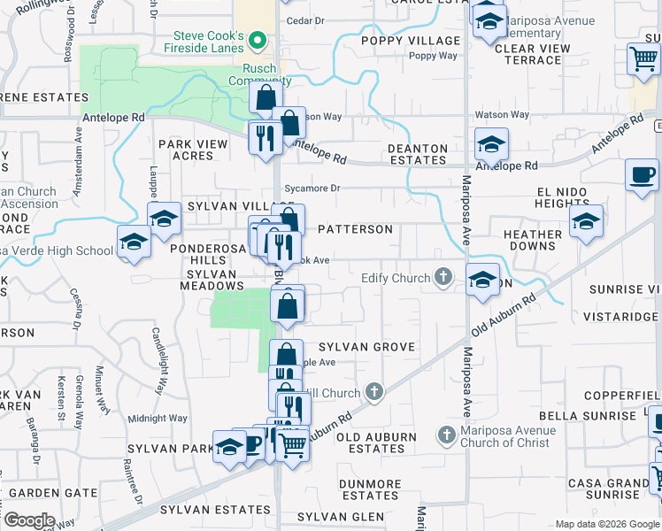 map of restaurants, bars, coffee shops, grocery stores, and more near 7545 Carleton Lane in Citrus Heights
