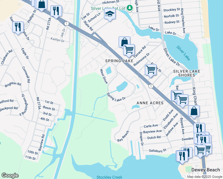 map of restaurants, bars, coffee shops, grocery stores, and more near 20942 Spring Lake Drive in Dewey Beach