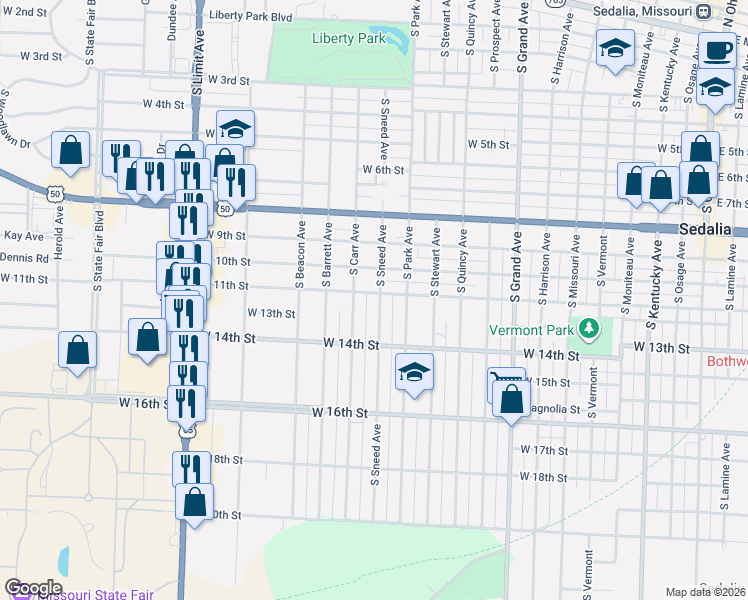 map of restaurants, bars, coffee shops, grocery stores, and more near 1101-1213 South Carr Avenue in Sedalia