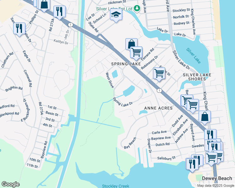 map of restaurants, bars, coffee shops, grocery stores, and more near 20942 Spring Lake Drive in Dewey Beach