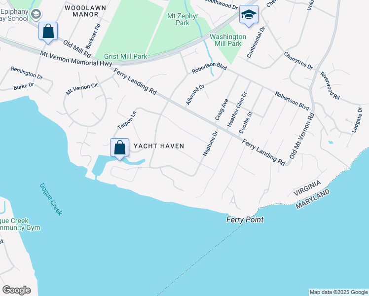 map of restaurants, bars, coffee shops, grocery stores, and more near 4416 Dolphin Lane in Alexandria