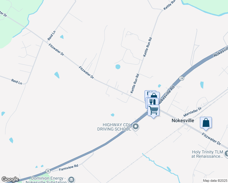 map of restaurants, bars, coffee shops, grocery stores, and more near 13215 Fitzwater Drive in Nokesville