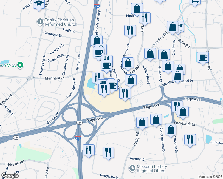 map of restaurants, bars, coffee shops, grocery stores, and more near 50 West Port Plaza Drive in Maryland Heights