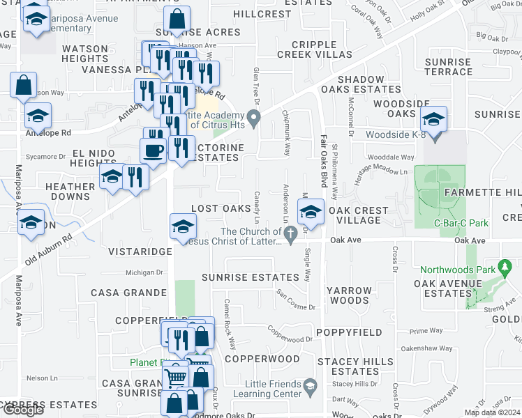 map of restaurants, bars, coffee shops, grocery stores, and more near 7459 Canady Lane in Citrus Heights