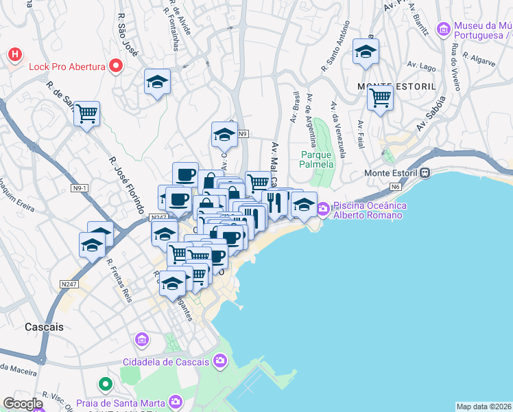 map of restaurants, bars, coffee shops, grocery stores, and more near Estrada Nacional 6-8 in Cascais