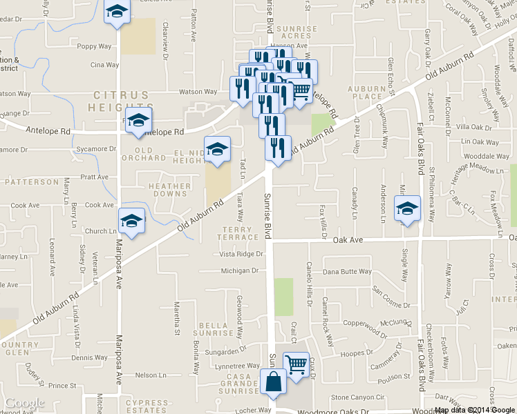 map of restaurants, bars, coffee shops, grocery stores, and more near in Citrus Heights