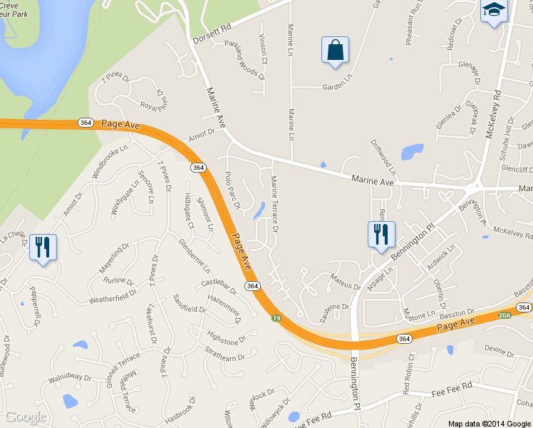 map of restaurants, bars, coffee shops, grocery stores, and more near 48 Clermont Crossing Court in St. Louis