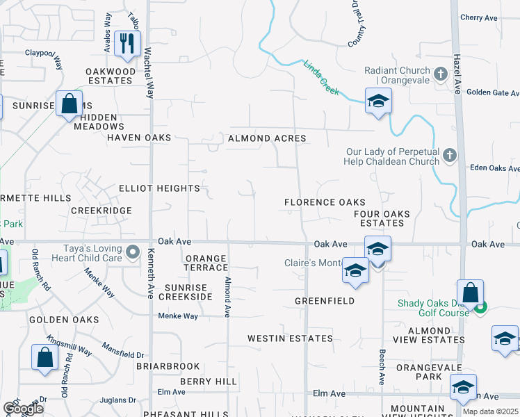 map of restaurants, bars, coffee shops, grocery stores, and more near 7426 Hardy Street in Orangevale