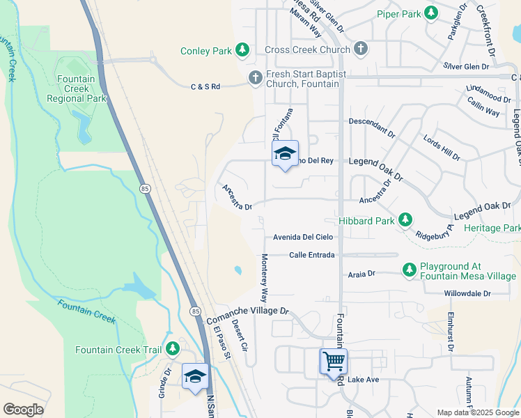 map of restaurants, bars, coffee shops, grocery stores, and more near 6787 Ancestra Drive in Fountain