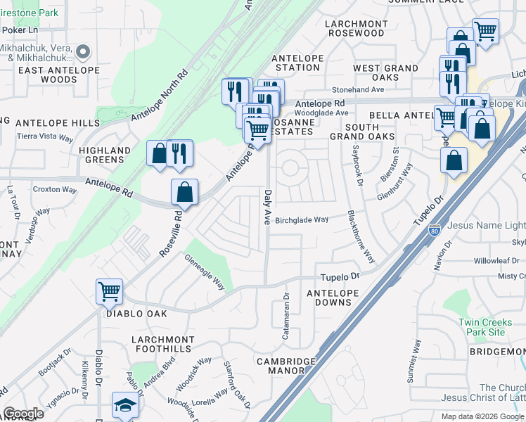map of restaurants, bars, coffee shops, grocery stores, and more near 5900 Birchglade Way in Citrus Heights