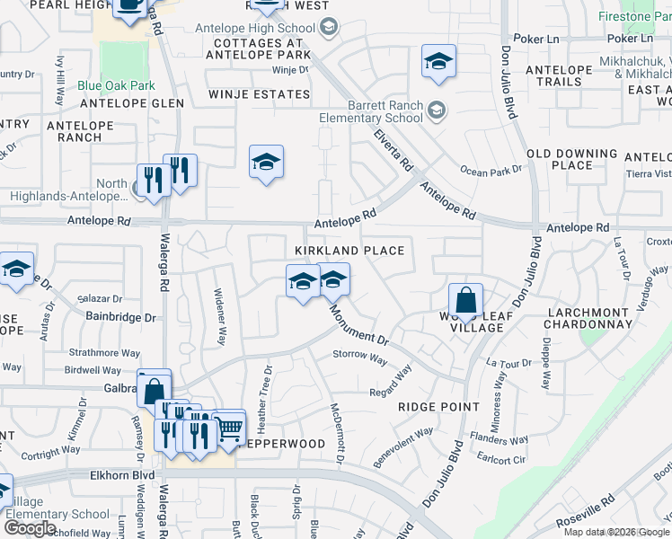 map of restaurants, bars, coffee shops, grocery stores, and more near 4657 Monument Drive in Sacramento