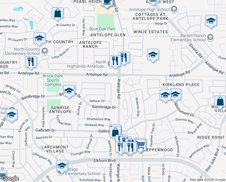 map of restaurants, bars, coffee shops, grocery stores, and more near 4266 Worthington Drive in North Highlands