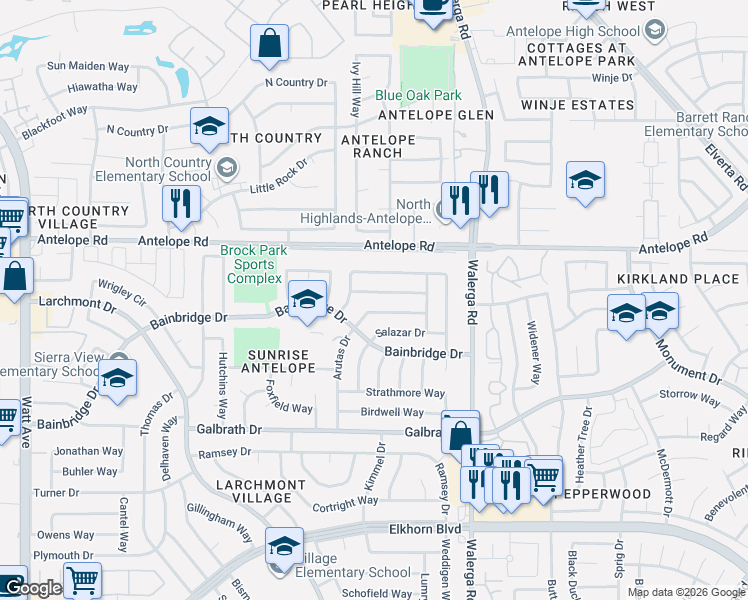 map of restaurants, bars, coffee shops, grocery stores, and more near 7314 Arutas Drive in North Highlands