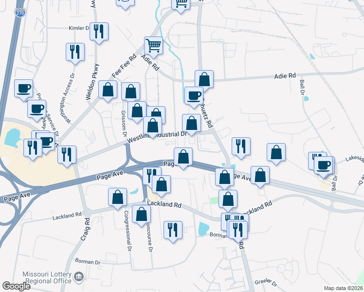 map of restaurants, bars, coffee shops, grocery stores, and more near Page Avenue in St. Louis
