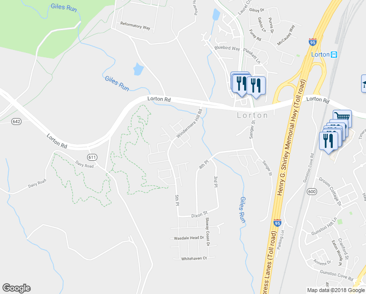 map of restaurants, bars, coffee shops, grocery stores, and more near 9429 Hucks Bridge Circle in Lorton