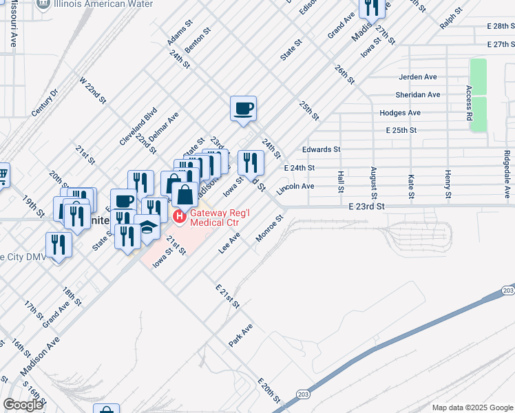 map of restaurants, bars, coffee shops, grocery stores, and more near 2231 Lee Avenue in Granite City