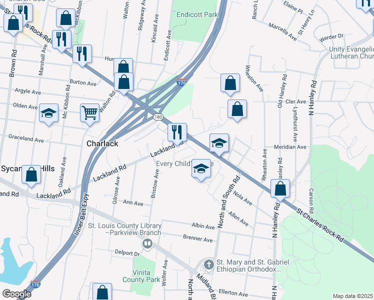 map of restaurants, bars, coffee shops, grocery stores, and more near 8432 Plazarock Court in St. Louis
