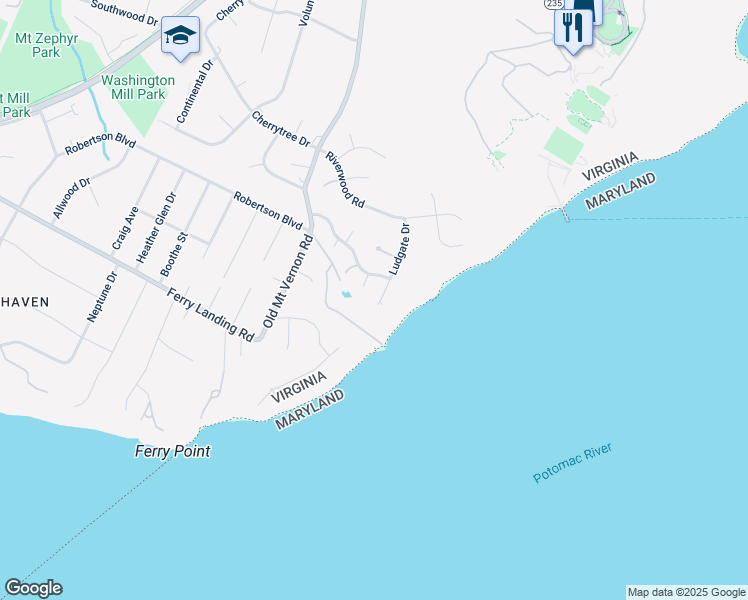 map of restaurants, bars, coffee shops, grocery stores, and more near 9406 Ludgate Drive in Alexandria