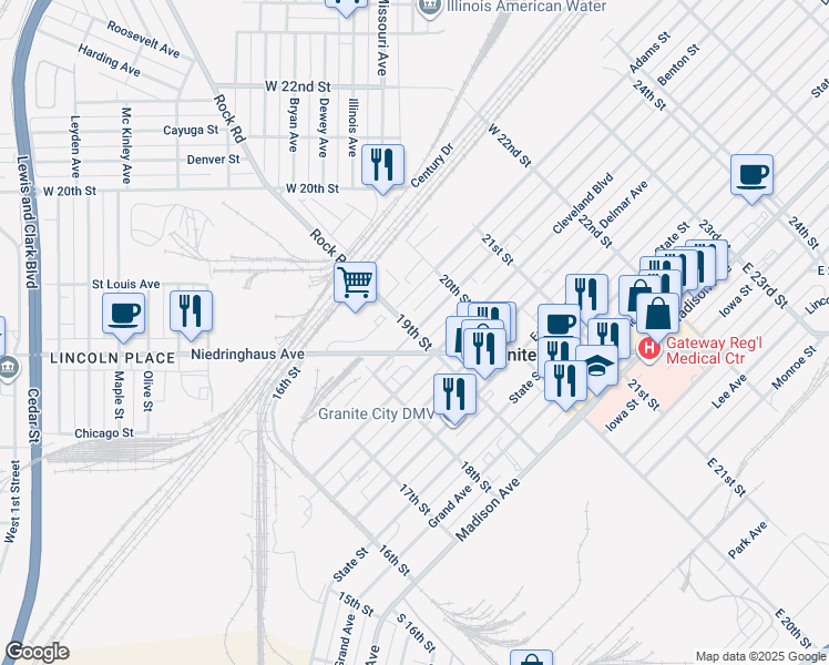 map of restaurants, bars, coffee shops, grocery stores, and more near 19th Street in Granite City